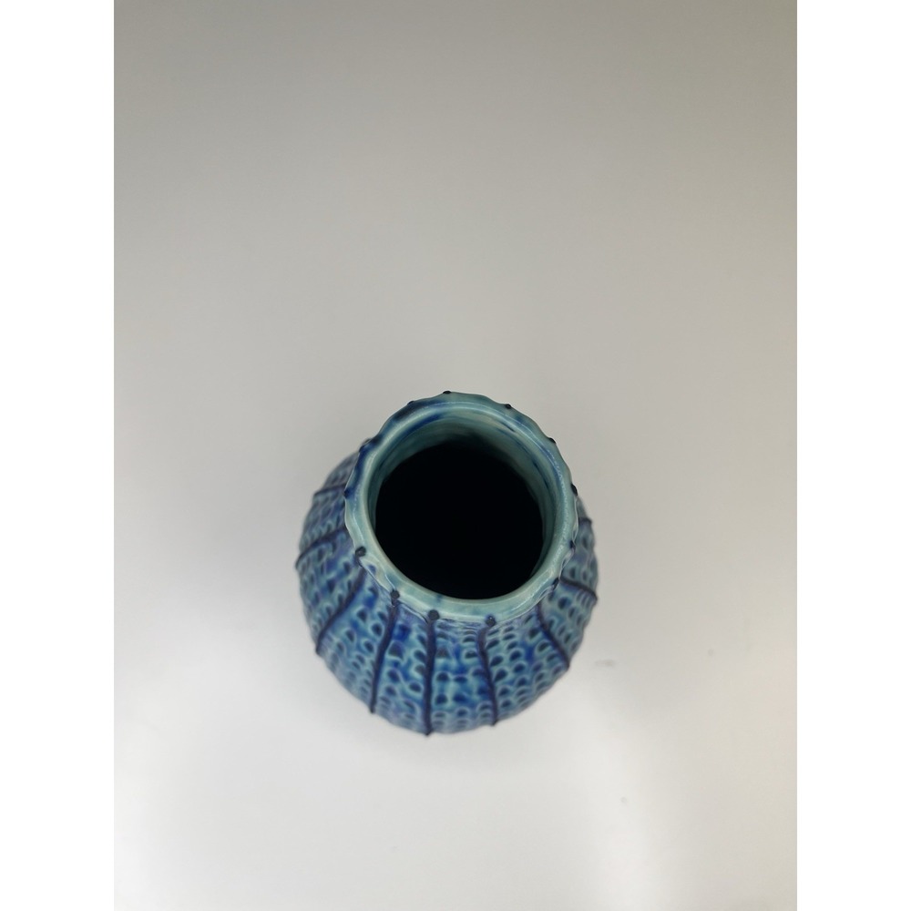 Textured Teal Blue Vase Stripe Thailand Bud Vase 7" Cactus Boho Southwestern‎ - Picture 4 of 7